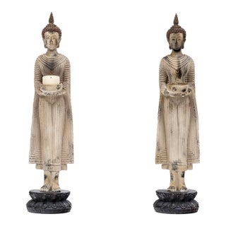 Vintage Carved Standing Terracotta Thai Buddha Statutes on Stand—A Pair For Sale