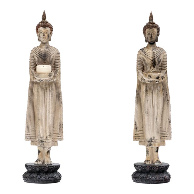 Vintage Carved Standing Terracotta Thai Buddha Statutes on Stand—A Pair For Sale