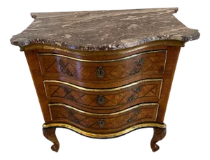 Antique Parquetry Inlaid Serpentine Shaped Commode with Marble Top, 1790