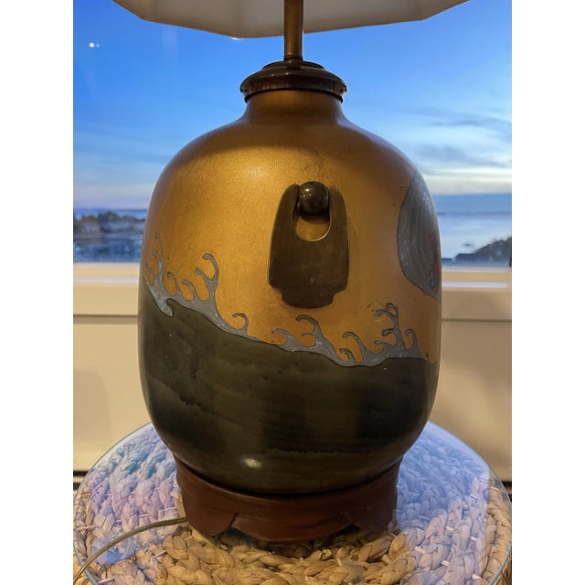 Metal Early 20th Century Brass Reverse Painted Asian Sail Junk Ship Boat Wave Theme Lamp For Sale - Image 7 of 12