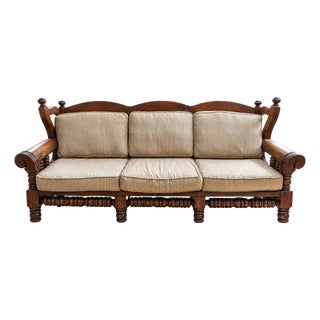 Custom Carved Wood Three-Cushion Sofa in Striped Upholstery For Sale