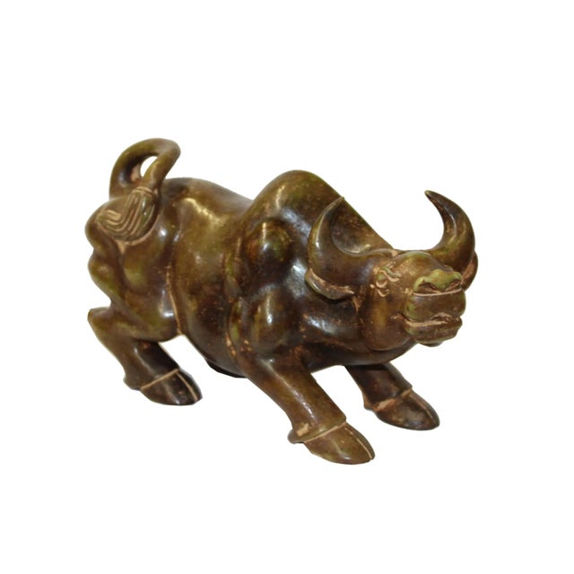 Chinese Green Brown MIX Stone Carved Ox Cow Display Figure For Sale