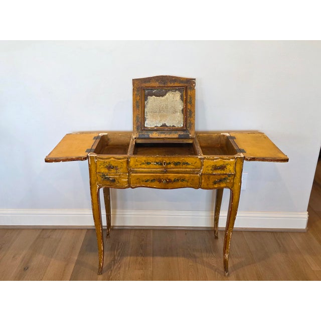 18th C. Italian Chinoiserie Venetian Louis XV Period Antique Polychrome Painted Dressing Table Console For Sale In Dallas - Image 6 of 18