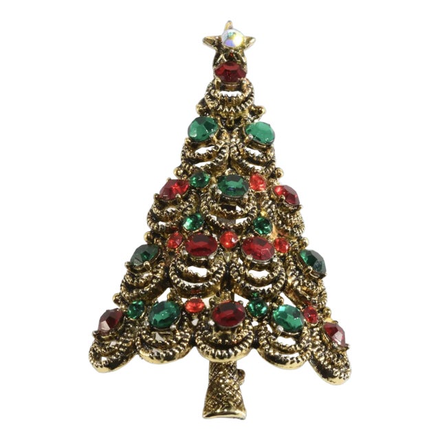 Vintage Pakula Candle Christmas Tree Pin Red & Green Rhinestones For Sale
