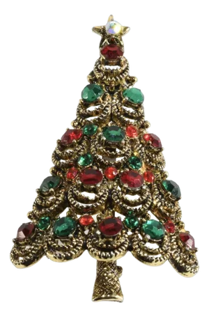 Vintage Pakula Candle Christmas Tree Pin Red & Green Rhinestones