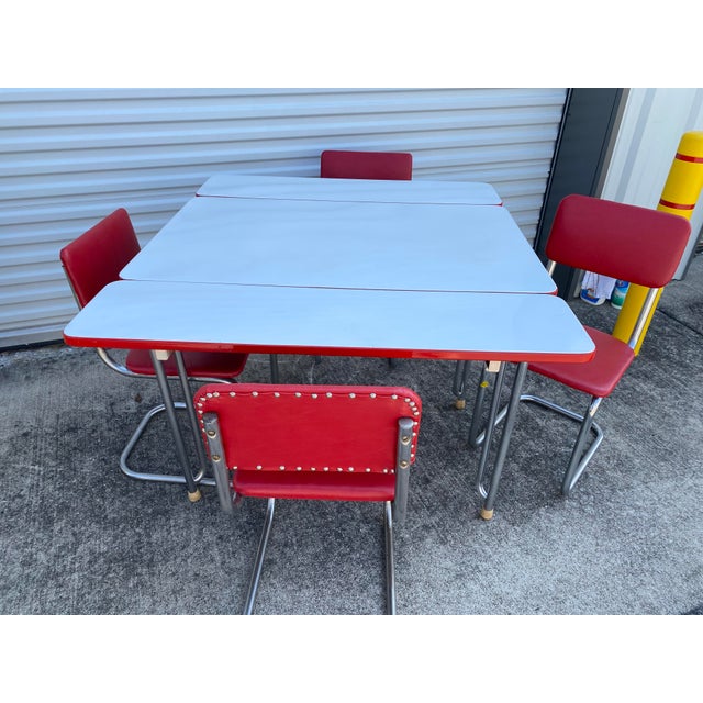 1950s Vintage Enamel Top Table With Extensions and 4 Chairs Set of 5