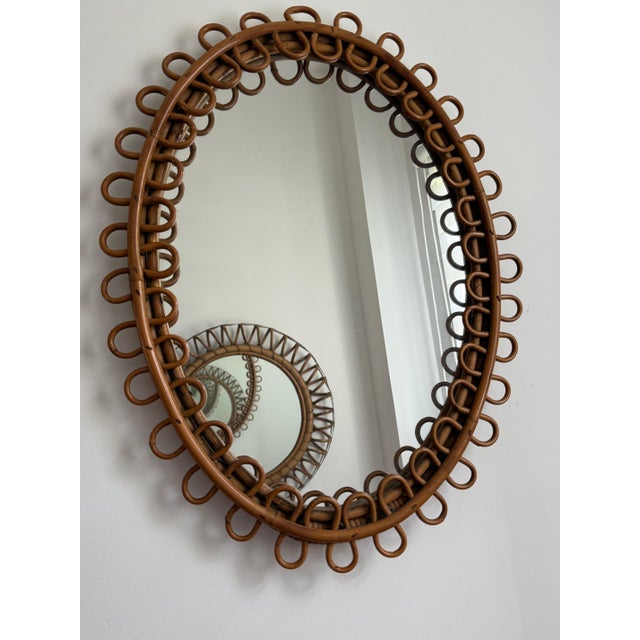 Vintage Oval Honey Rattan and Bamboo Wall Mirror, Italy, 1960s For Sale - Image 13 of 14