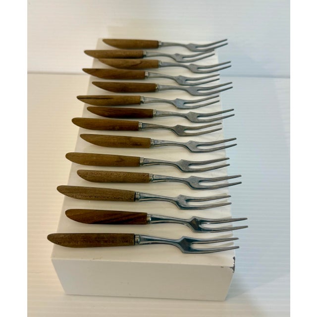 Vintage Japanese Mid-Century Stainless & Wood Cocktail Forks — Set of 12 For Sale - Image 4 of 12