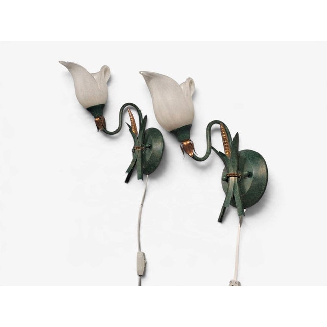 1960s Italian Floral Wall Sconces, Green Metal, Bronze, Glass - Pair For Sale In New York - Image 6 of 12