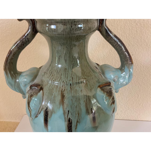 Ceramic Glazed Vase With Elephant Trunks as Handles and Writing on the Bottom of Turquois Color Vessel For Sale - Image 4 of 12