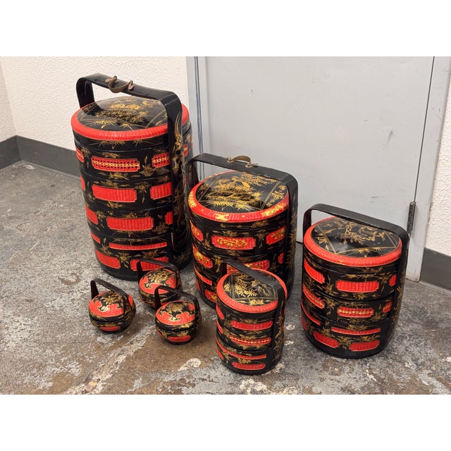 Design Plus Gallery presents a Set of Seven Chinoiserie Lacquered Wedding Basket Carriers. This decorative set includes...