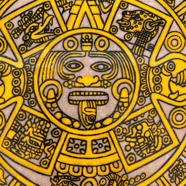 Ceramic Vintage Hand Painted Terracotta Mexican Wedding Plate With Aztec Calandar For Sale - Image 7 of 11