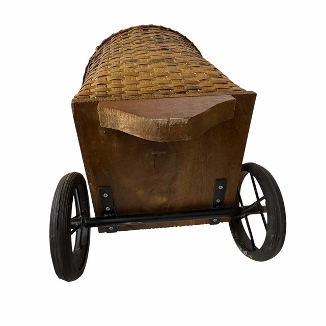 Wood Mid Century Split Wood Rolling Market Basket For Sale - Image 7 of 8