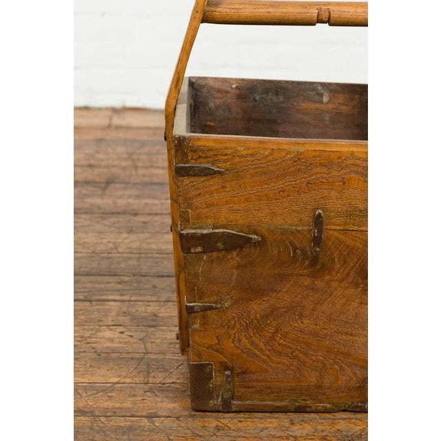19th Century Antique Chinese Wood & Metal Grain Basket with Carrying Handle For Sale - Image 9 of 13