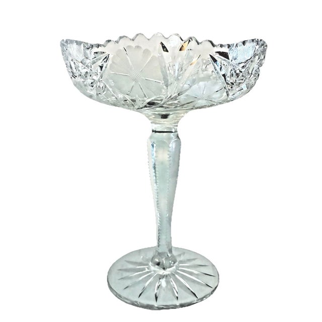 Glass Early 20th Century American Brilliant Period Cut Glass Etched Floral Crystal Pedestal Compote, Notched Stem For Sale - Image 7 of 8