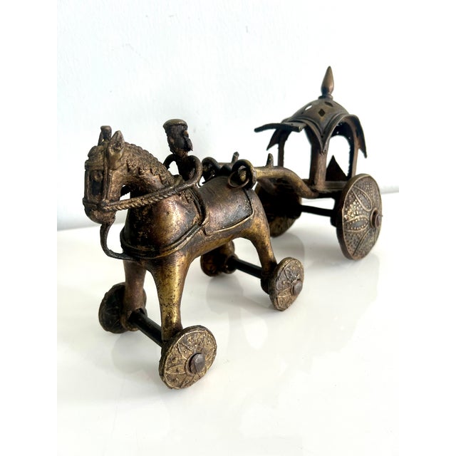 Bronze Antique Cast Metal Temple Toy , Early 20th Century Horse & Carriage Sculpture For Sale - Image 8 of 17