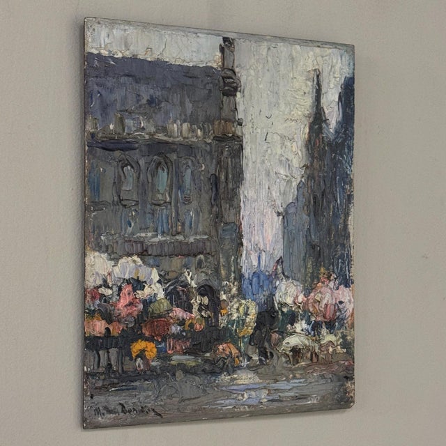 Antique Signed Oil Painting on Board 'Brussels Flower Market on the Grand Place' For Sale - Image 4 of 17