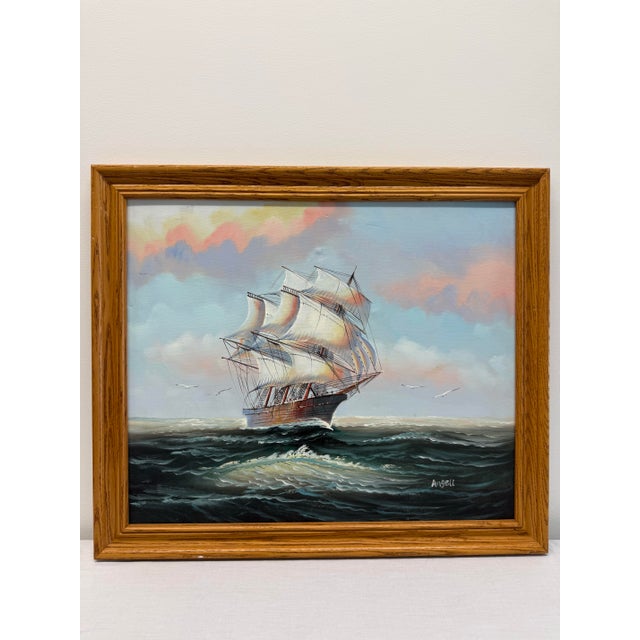 1980s Oil Painting on Canvas of a Vessel in the Sea Beautiful Ship, Signed Angell For Sale - Image 11 of 11