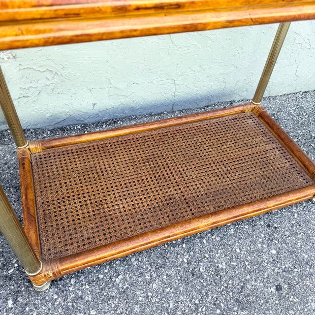 Palm Beach Chic Rattan Cane and Gold Etageres - A Pair For Sale - Image 4 of 10