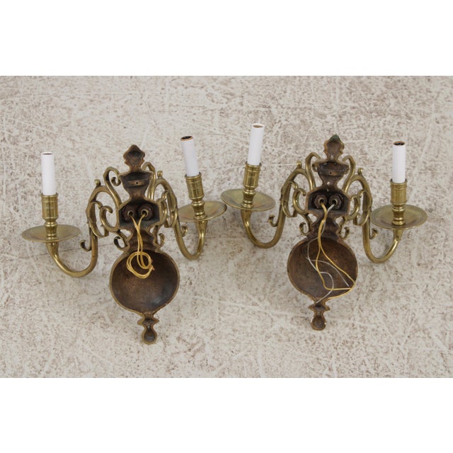 Pair Vintage Colonial Williamsburg Brass Candelabra Wall Sconces For Sale - Image 4 of 13