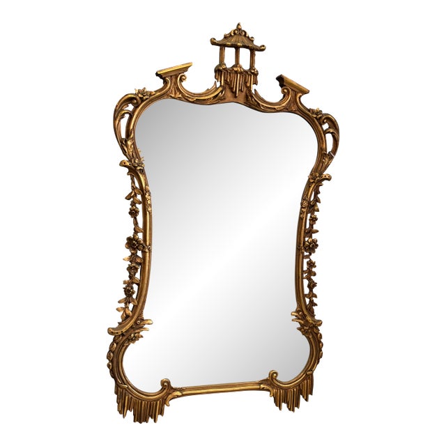 Antique Gilt Wood Carved Italian Chinoiserie Pagoda Mirror For Sale