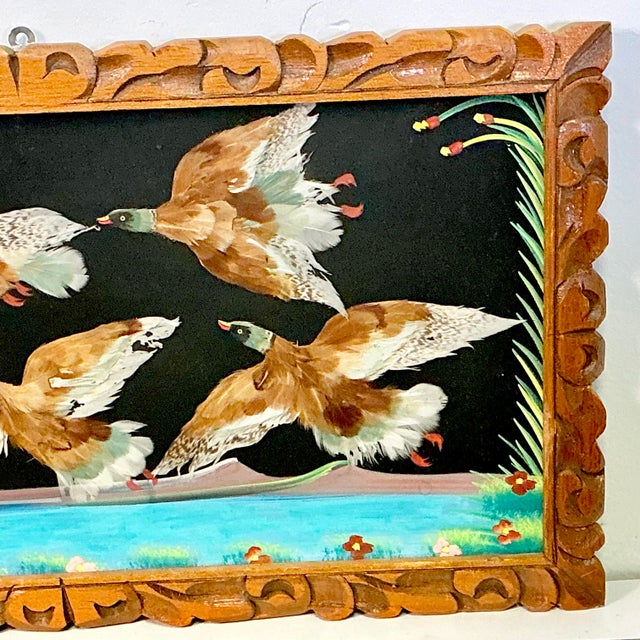 Turquoise 1950s Vintage Mexican Folk Art Original Feather Bird Mixed Media Acrylic Painting. For Sale - Image 8 of 10