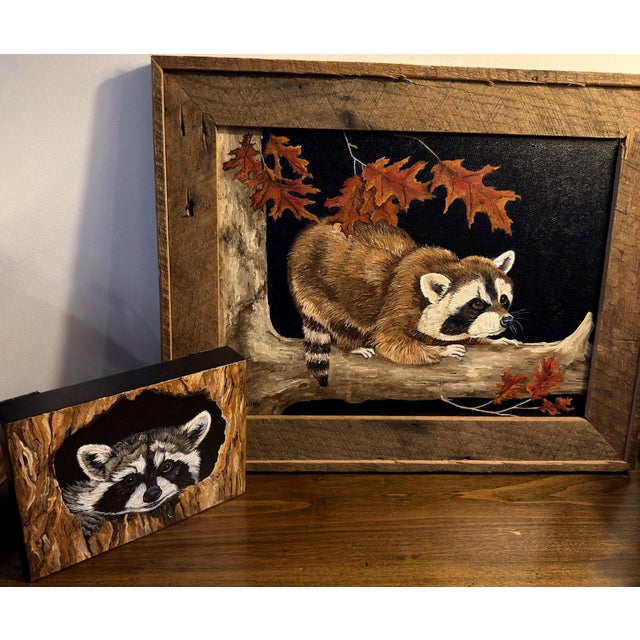 Brown Original Wildlife Painting Pair by Patti Gilley – "Night Crawler" & "Peek-a-Boo" Raccoon Art For Sale - Image 8 of 18