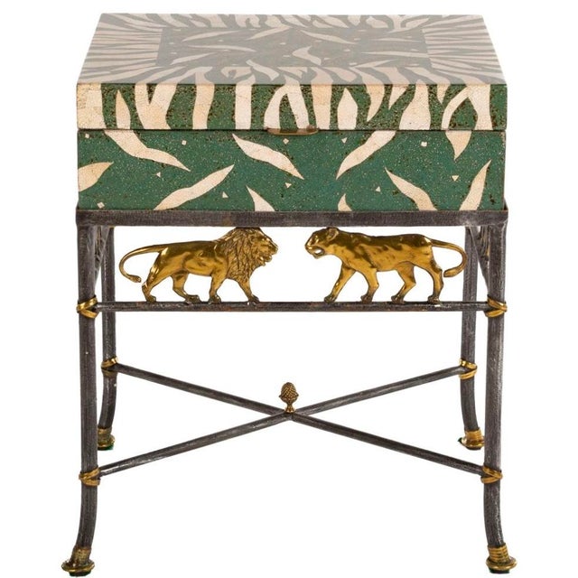 1980s Maitland Smith Box on Stand Side Table With Lions For Sale
