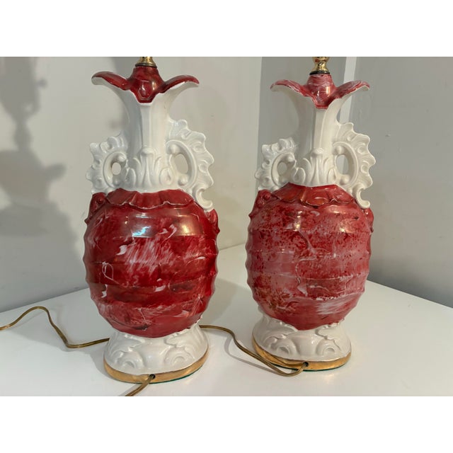 Ceramic Vintage French Hand Painted Floral Table Lamps - A Pair For Sale - Image 7 of 12