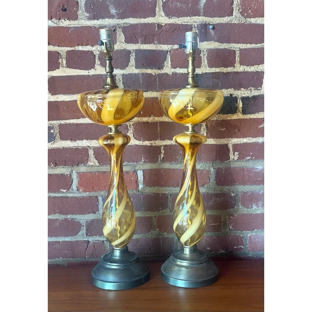 1960s Pair of Italian Murano Ribbon Glass Amber Table Lamps For Sale - Image 5 of 7
