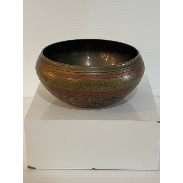 Vintage Hand-Etched Indian Brass & Enamel Decorative Bowl For Sale - Image 4 of 11