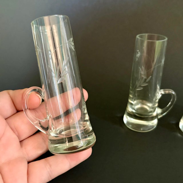 Vintage Shot Glasses With Handle Blown Glass Etched Floral Limoncello or Vodka Glasses - Set of 4 For Sale - Image 4 of 6