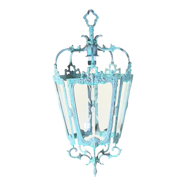 Antique Style Solid Brass Hanging Hallway Lantern W/ Etched Starburst Glass For Sale