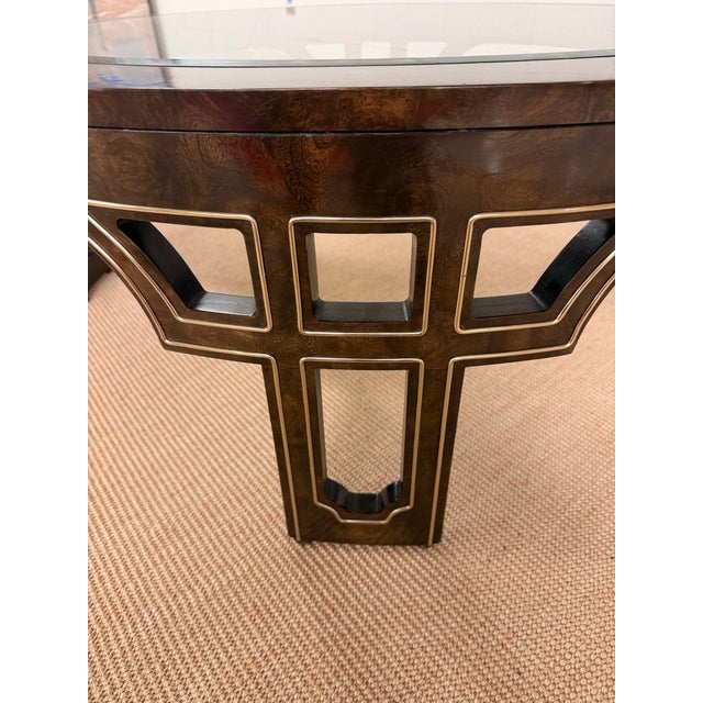1970’s Ultra Rare Round Mastercraft Burled Glass Top Coffee Table With Intricate Recessed Brass Trim. For Sale - Image 10 of 12