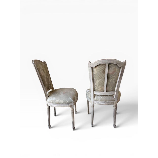 Pair of Vintage Louis XVI Style Painted Dining Chairs With Sage & Blush Jacquard Upholstery For Sale - Image 4 of 10