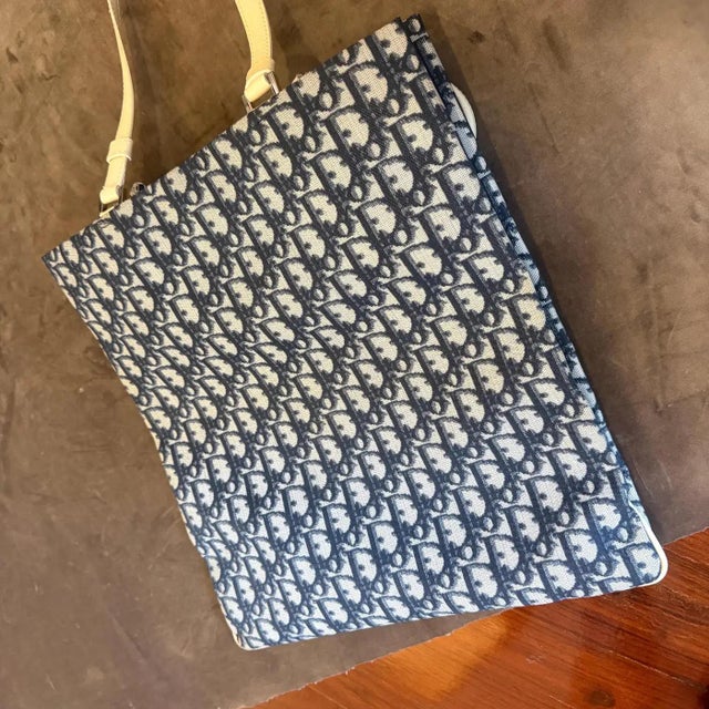 Textile A 2000s John Galliano for Christian Dior Trotter Deep Blue and Cream Tote Bag For Sale - Image 7 of 18