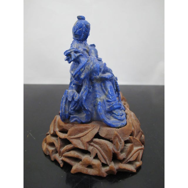 Chinese Carved Lapis Lazuli 2 Figures & a Beast Figurine on Wood Stand For Sale - Image 4 of 10