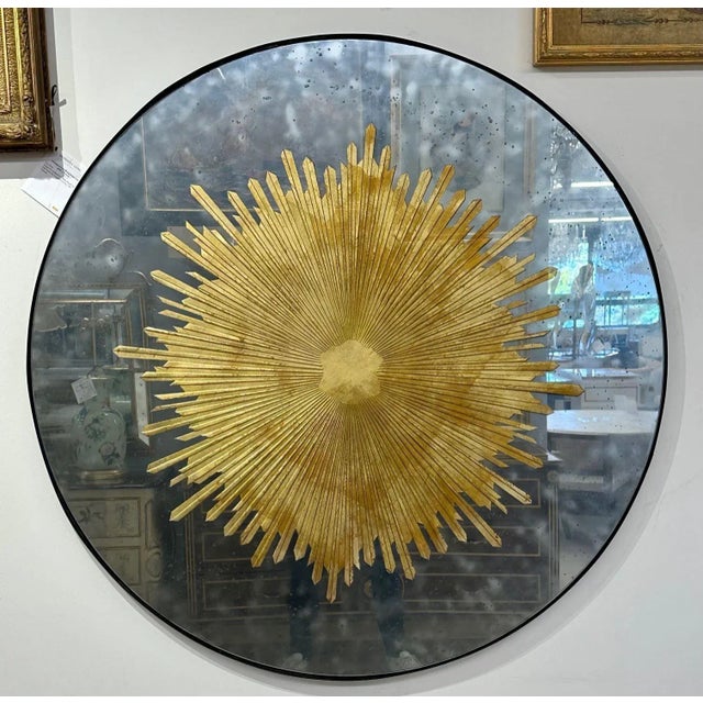 Hollywood Regency Style, Modern Round Sunburst Mirrors, Distressed Glass For Sale - Image 4 of 11