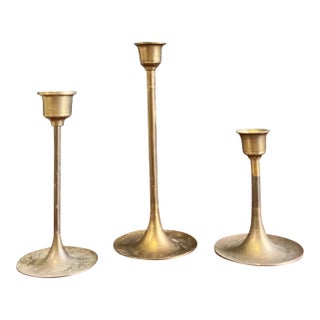 1970s Trio of Simple Brass Skinny Candlestick Holders For Sale
