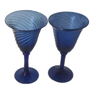 1970s Hand Blown Cobalt Goblets - a Pair For Sale