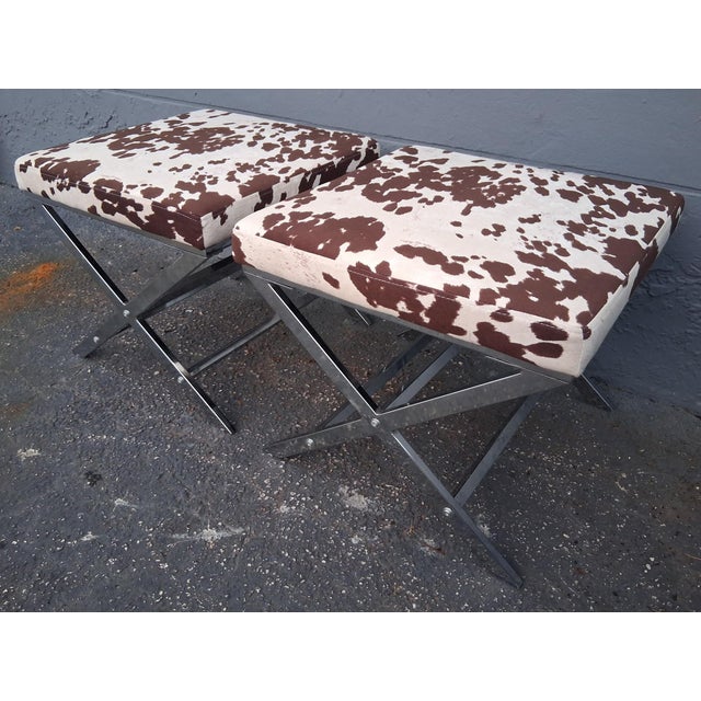 Pair 1970's Modern Chrome with Faux Cow Print Textile - Stools. Beautiful condition.