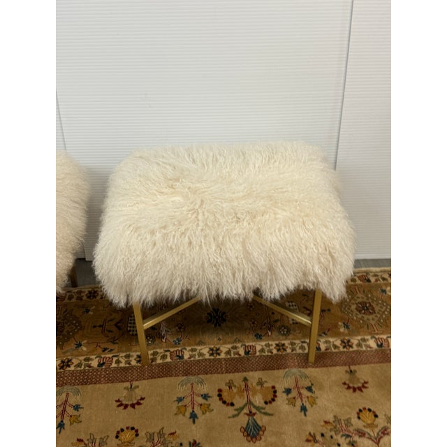 Hollywood Regency Outpost Original Tibetan Lambskin + Brass Ottomans, Pair For Sale - Image 3 of 12
