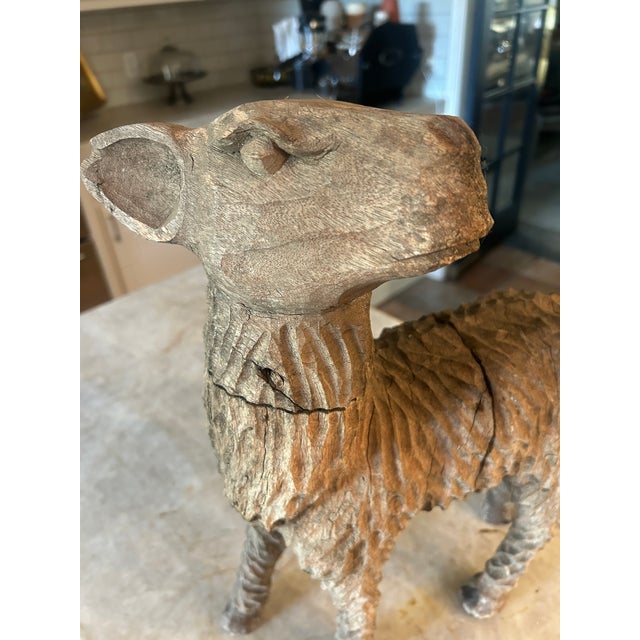 Antique European Folk Art Carved Wooden Sheep Sculpture For Sale - Image 4 of 11