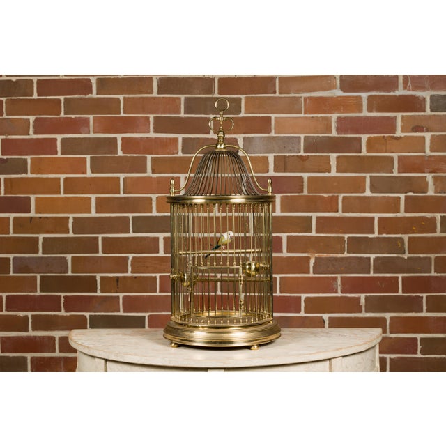 Mid 20th Century French Midcentury Brass Circular Birdcage with Decorative Bird For Sale - Image 5 of 11