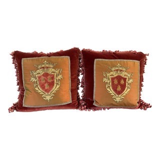 Embroidery Crest Pillows with Velvet Fronts With Silk Inset With Appliqué Crest - a Pair For Sale