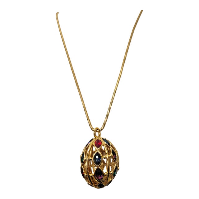 Vintage Signed Napier Goldtone Jewel Tone Rhinestones Pendant Necklace For Sale