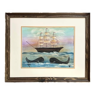 Folk Art Clipper Ship and Whales Watercolor For Sale