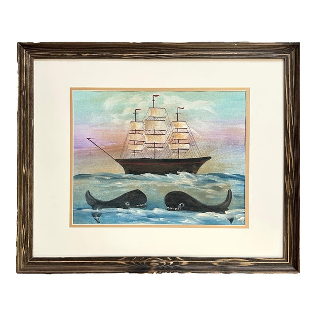Folk Art Clipper Ship and Whales Watercolor For Sale
