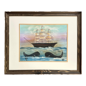 Folk Art Clipper Ship and Whales Watercolor