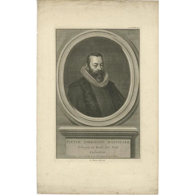 Portrait of Pieter Dirkszoon Hasselaer – Amsterdam Alderman, Tirion 1762 This fine 18th-century engraving depicts Pieter...